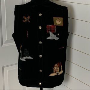 Woolrich Womens medium Wool Vest Log Cabin Goose Moose Patchwork Winter